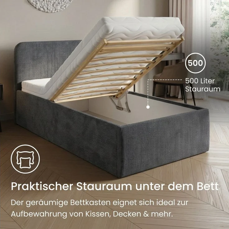 Home Collective Polsterbett Bett mit Stauraum, verstellbarem Lattenrost, viele Größen (Größen: 100x200 120x200 140x200 160x200 180x200 200x200, hochwertiger Kordstoff, made in Germany), wählbare Matratze Federkern oder Kaltschaum, Anthrazit – Bild 4