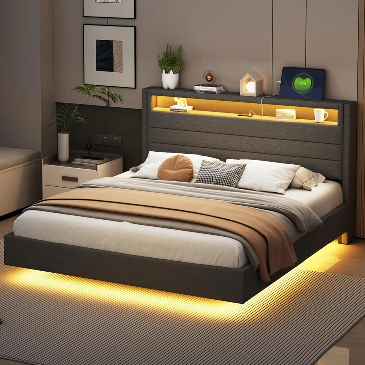 Ball & Cast Bettgestell, Doppelbettgestell, 160x200 cm, Schwebender Visueller Effekt, Bett mit Beleuchtung, Wendbares Kopfteil und Ladestation, Modern, Grau