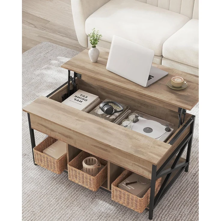 Vasagle höhenverstellbarer Wohnzimmertisch, X-Streben, Spanplatte/Stahl Kamelbraun, 60x100 x (48-62) cm – Bild 5