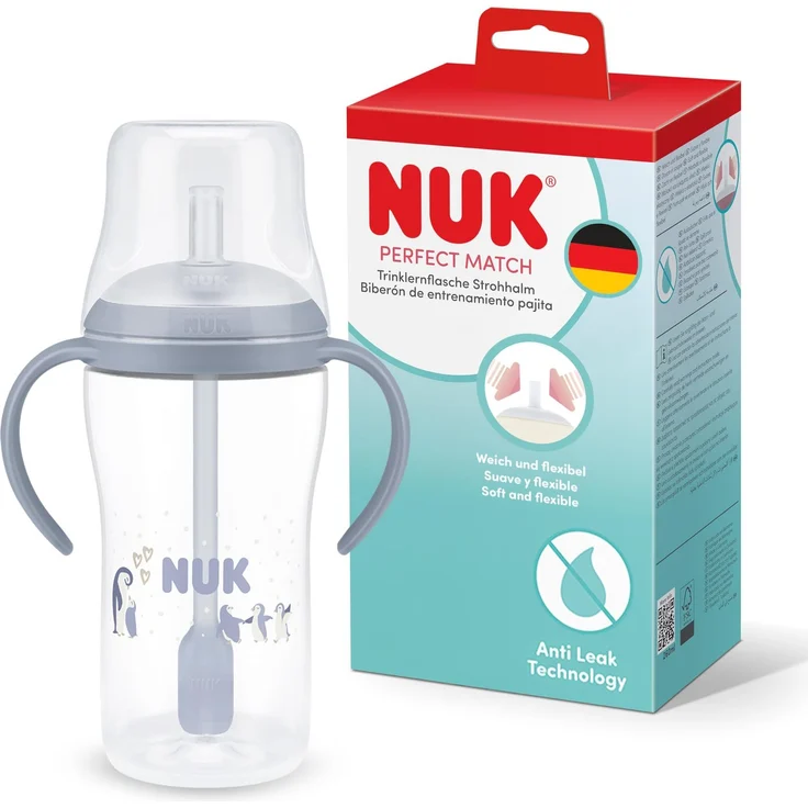 NUK Perfect Match Trinklernflasche mit Strohhalm | 8+ Monate | 260 ml | Auslaufsicherer Baby-Strohhalmbecher | Rutschfeste Griffe | Blau | 1 Stück
