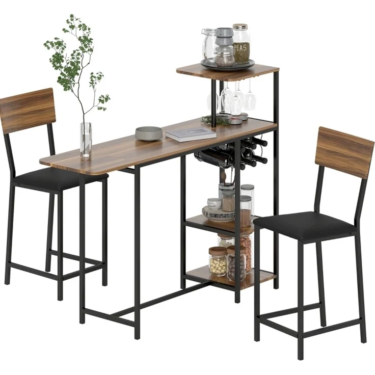 Bartisch-Set 110x40 cm, ausziehbar auf 140x40 cm – mit Weinablage und 2 Barhockern – Bild 6
