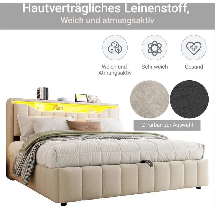 LVHOM Doppelbett 180 x 200cm mit Hydraulik und Stauraum, Funktionsbett mit LED & USB, Polsterbett mit Kopfteil-Fach, Leinen, Beige – Bild 6