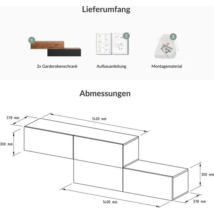 Planetmöbel Garderoben-Set Garderobenschrank Flur 140 cm, verschiedene Farben, (Garderobenschrank, Wandgarderobe hängend oder stehend), in verschiedenen Farben – Bild 3