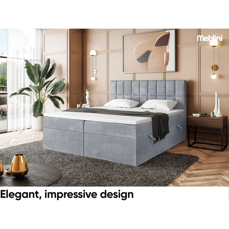 MEBLINI Boxspringbett LUKAS 140x200cm - H3/Grau Samt - mit Bettkasten - Polsterbett - Doppelbett mit Topper & Taschenfederkern-Matratze – Bild 3