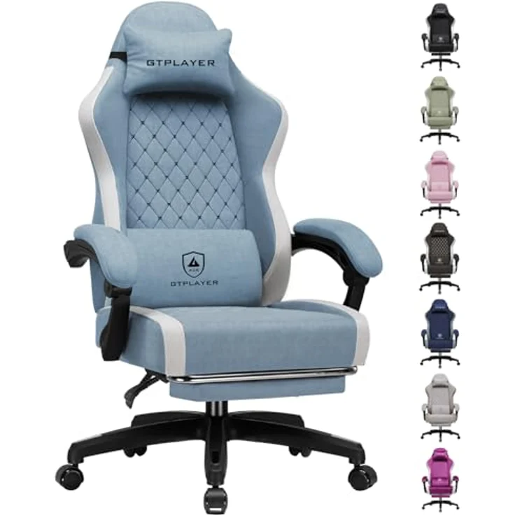 GTPLAYER Gaming Stuhl Ergonomischer, PC Stuhl Atmungsaktiver Stoff, Groß und Hoch Drehbarer Schreibtischstuhl mit Fußstütze,Verstellbare Lendenwirbelstütze und Kopfstütze,Hellblau – Bild 2