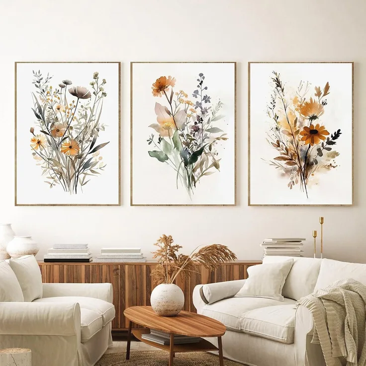 Poster 3er Set Gouache Blumen Wandbilder Wohnzimmer 30x40cm