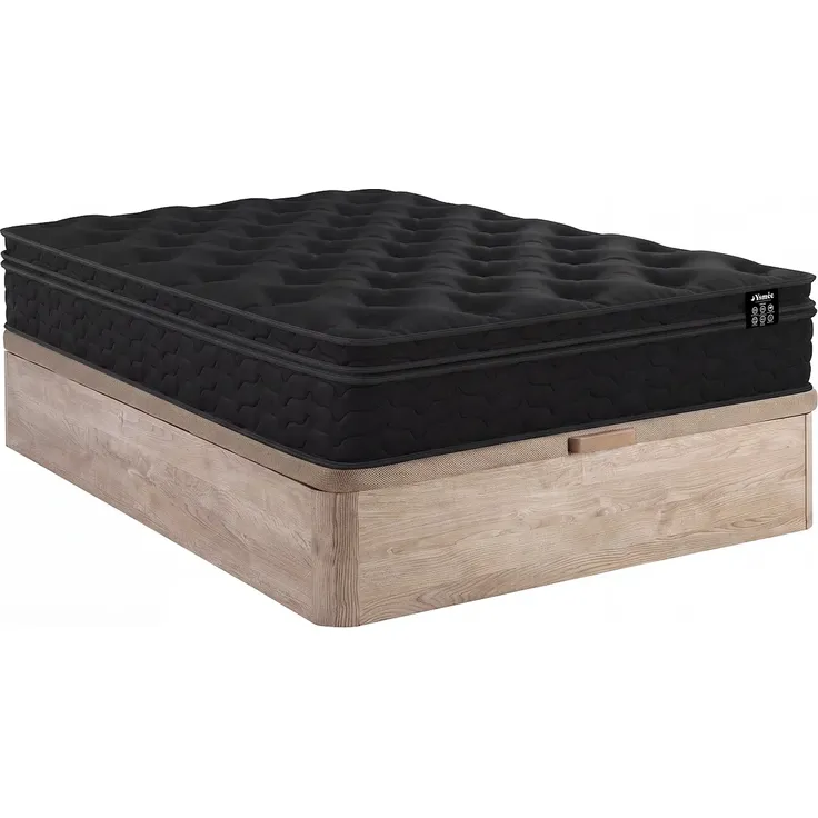 Vente-unique - Set aus Matratze und Bettgestell 160 x 200 cm - Naturfarben hell - Matratze und Bettgestell mit Lattenrost und Bettkasten - Hybridmatratze mit Taschenfederkern, integrierter Topper und schwarzem Matratzenbezug, 30 cm Höhe - von YSMÉE GAM...