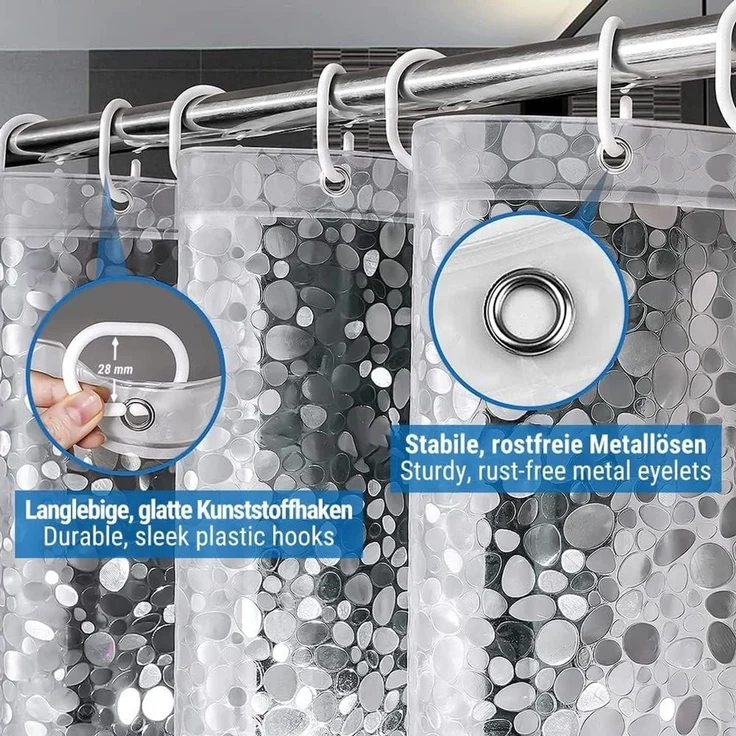 FANNOU Duschvorhang 3D-Steinmuster wasserdicht, 180 x 180 cm Breite 180 cm, Anti-Schimmel Transparenter Badvorhang mit 12 Ringen für Badezimmer – Bild 4