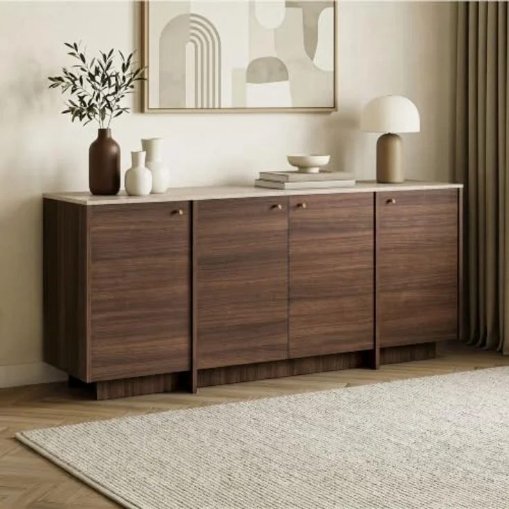 Hanah Home Eleganter Konsolentisch, 180 cm, Travertin & Mailänder Nussbaum, 100% melaminbeschichtete Spanplatte, 18 mm dick, Metallgriff | Perfekt für Moderne Wohnzimmer – Bild 1