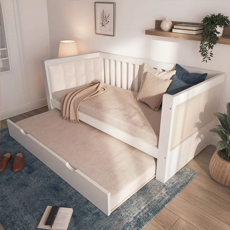 EINHOM Tagesbett 90x190 cm mit Ausziehbett 90x190 cm, Platzsparendes Design, Holz, Ideal für Kleine Apartments oder Gästezimmer, Lattenrost, Einfache Montage, Weiß, (Ohne Matratze)