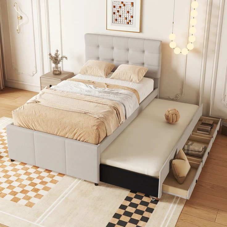 Polsterbett 90x200 cm aus Leinen mit Ausziehbett und Stauraum – verstellbares Kopfteil – Bild 1