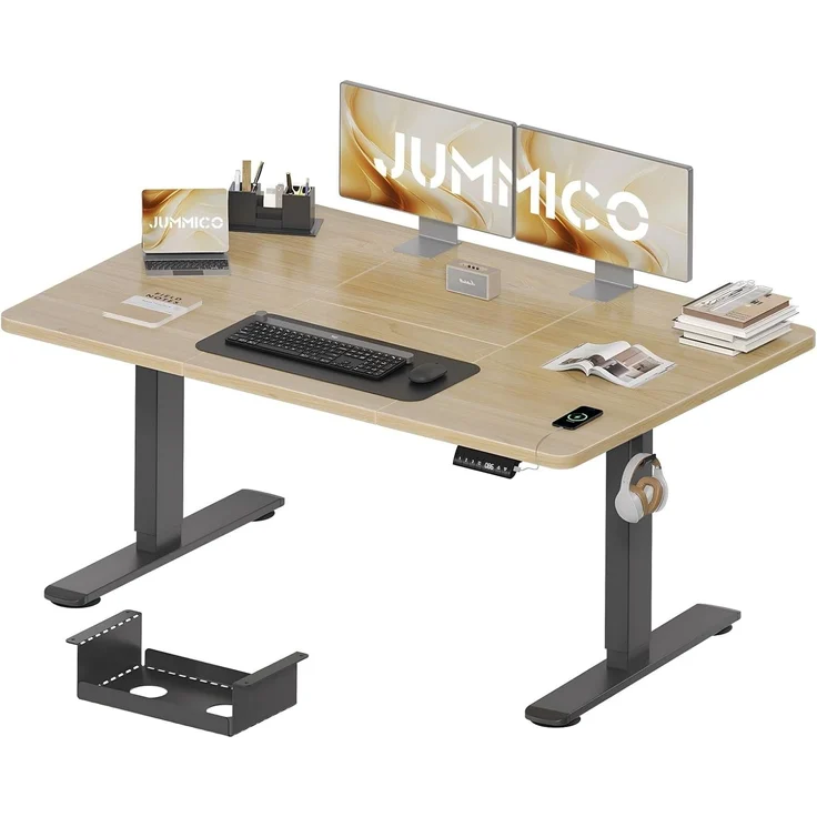 JUMMICO Höhenverstellbarer Schreibtisch 140x70 cm mit Kabelwanne, Höhenverstellbar Elektrisch Stehpult mit USB-Buchse, Computertisch, Ergonomischer Steh-Sitz Tisch, Bürotisch, Beige