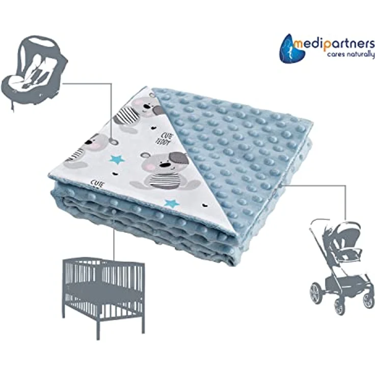 Medi Partners Babydecke Baby Decke Neugeborenen - Kuscheldecke Geschenk Babydecken 75x100cm für Kleinkinder Mädchen Krabbeldecke Kinderbett Kinderwagen 100% Baumwolle (Teddybär mit hellbaluen Minky) – Bild 5