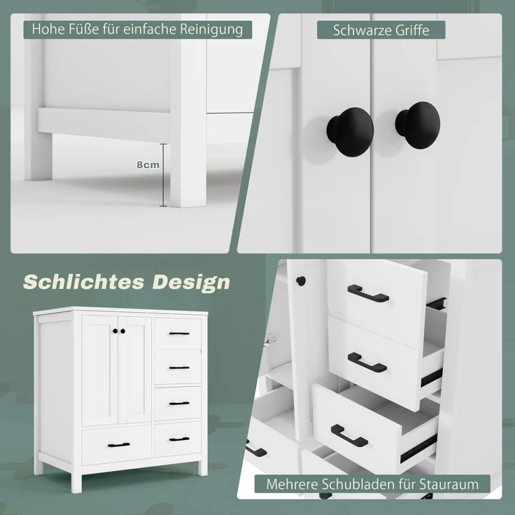 Badmöbel mit Waschbecken 76 x 46 x 82 cm – freistehend, mit 4 Schubladen und verstellbaren Einlegeböden – Bild 6