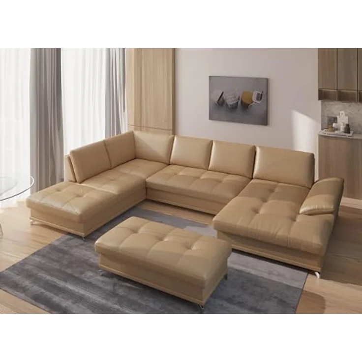 Cavadore Wohnlandschaft Castiel mit Federkern / Sofalandschaft mit großem Longchair, Sitztiefenverstellung und satinierten Metallfüßen / 363 x 89 x 223 / Echtleder, Beige – Bild 3