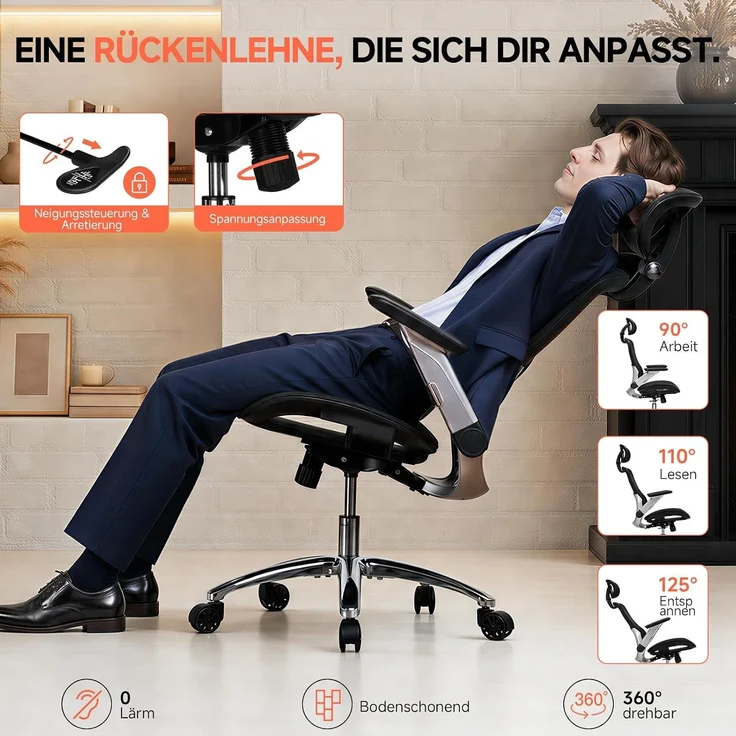 COMHOMA Bürostuhl, ergonomischer schreibtischstuhl mit Mesh, 2D-Kopfstütze, 4D-Armlehnen, Hohe Rückenlehne mit Wipp- & Feststell (90-125°), extra breite Sitzfläche, Belastbarkeit 180 kg, Schwarz – Bild 8
