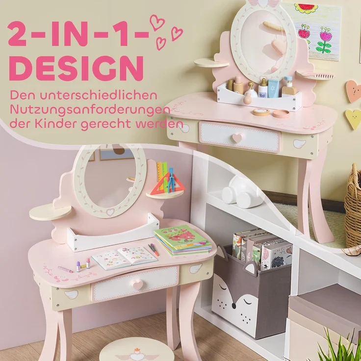 AIYAPLAY Schminktisch mit Hocker, Schublade, abnehmbar Spiegel, Regal, 7 Spielzubehörteilen (Frisiertisch, 2-St, 2-in-1-Kosmetiktisch), für Kinder ab 3 Jahre, Rosa – Bild 3