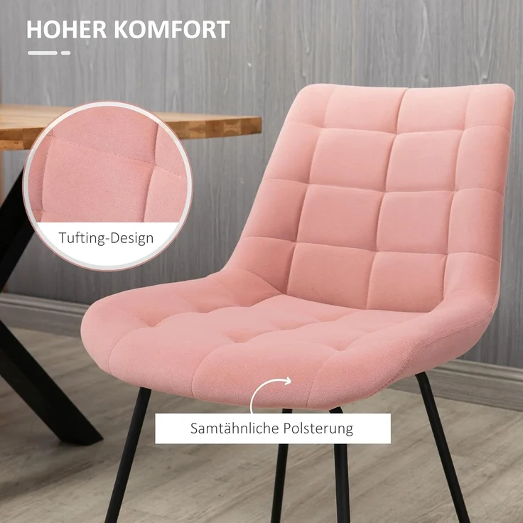 HOMCOM Esszimmerstühle 2er Set Küchenstuhl mit Rückenlehne, Samtoptik, Sessel Stühle, Wohnzimmerstuhl mit Stahlbeine Retrodesign Polsterstuhl für Esstisch, Rosa – Bild 5