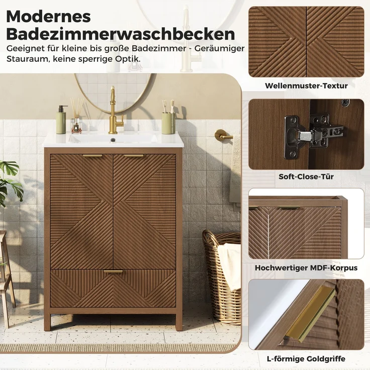 Freistehender Badschrank mit Keramikwaschbecken, B 61 x T 47 x H 87 cm, MDF in Walnussoptik – Bild 7
