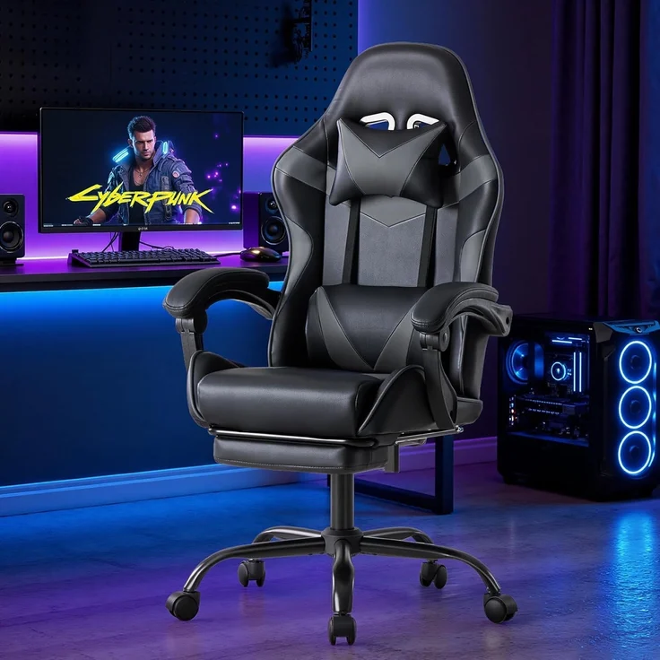 Sweetcrispy Gaming Stuhl, Gaming Chair mit Fußstütze Kopfstütze Lendenwirbelstütze, Ergonomischer PC Stuhl, Höhenverstellbarer Bürostuhl Computerstuhl, Gamer Stuhl, Drehbarer Schreibtischstuhl, Grau – Bild 2