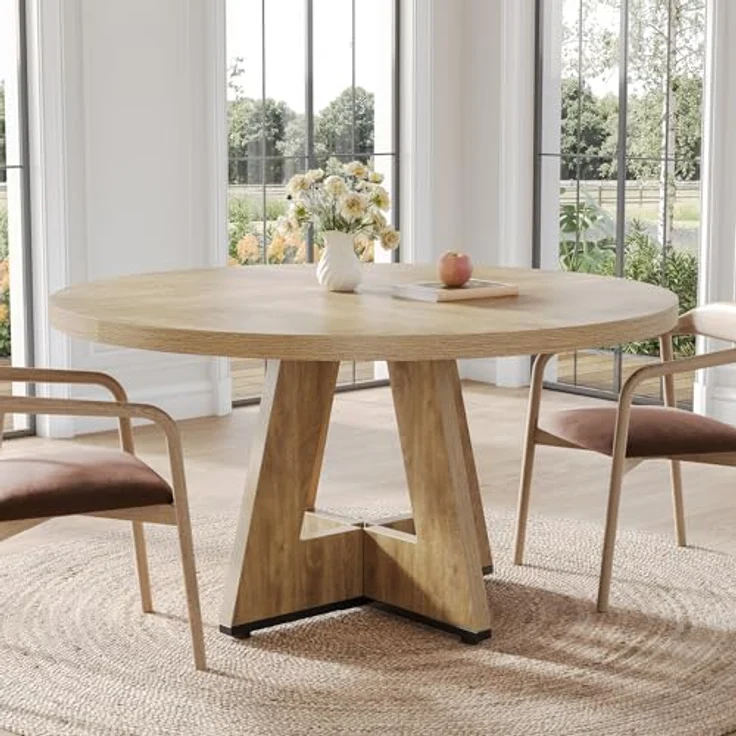 LITTLE TREE Runder Esstisch für 4 Personen, 120cm Esszimmertisch mit Holzsockel, Kreis Küchentische für Esszimmer, Küche, Wohnzimmer, Eiche – Bild 3