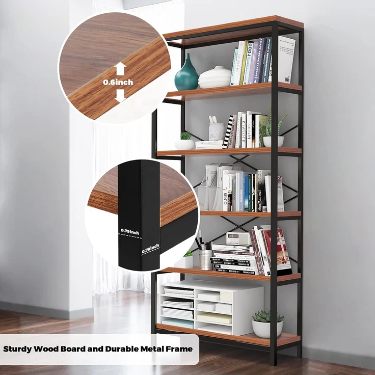 5-stöckiges industrielles Bücherregal, Vintage stehendes Lagerregal, Ausstellungsregale, hohes Bücherregal, industrielle Metall-Bücherregale für Wohnzimmer, Schlafzimmer und Heimbüro – Bild 7