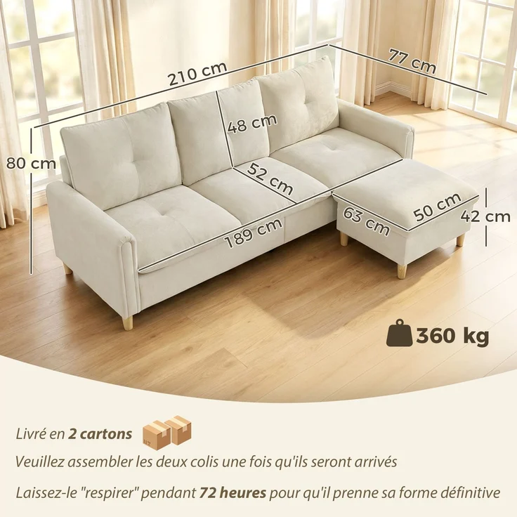 Rayofly-Modulares Ecksofa, 3-Sitzer mit Stauraumhocker, Leinenoptik Stoff, Creme, 80×210×77 cm – Bild 4