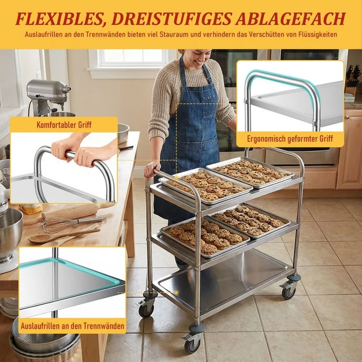 Home Nature Wohnkonzept 3-stufiger Servierwagen / Küchenwagen aus Edelstahl – platzsparender Rollwagen mit Universalrollen, 90 × 45 × 85 cm – Bild 4