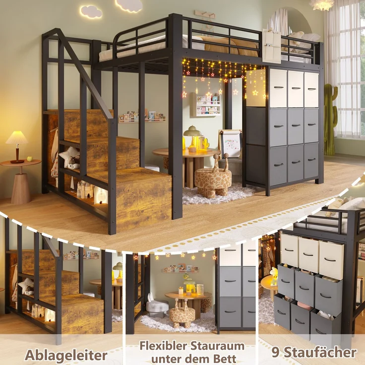 EINHOM Hochbett, 140 x 200 cm, Metall, mit Schubladen, Kleiderstange, Geländer, Treppe mit Stauraum,Schwarz (Ohne Matratze) – Bild 7