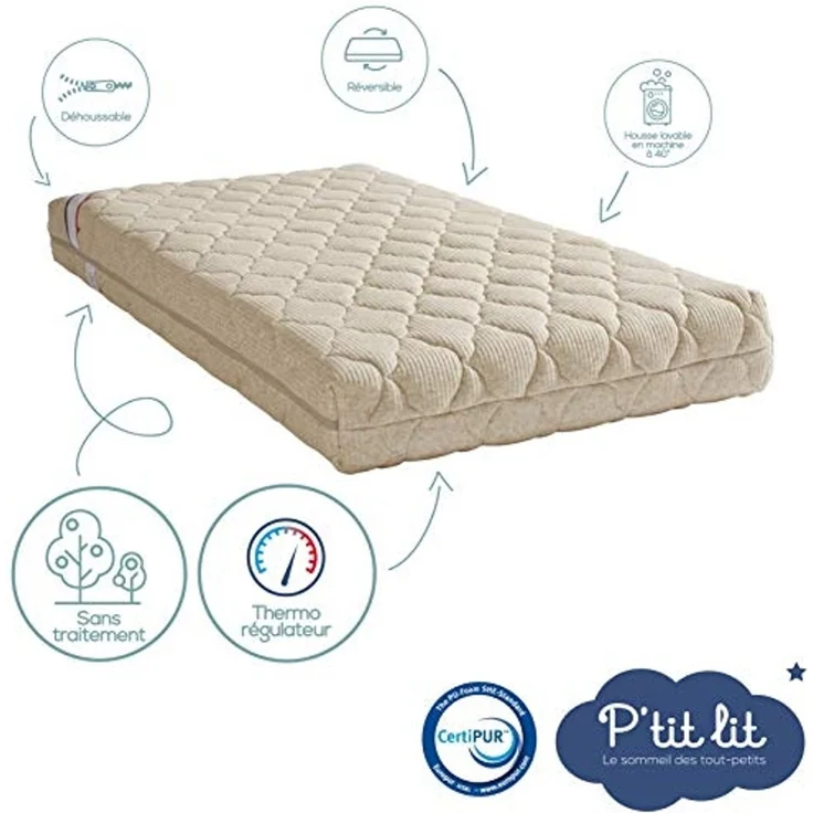 P'tit Lit Kindermatratze 70x140 cm Leinen pflanzlichen Ursprungs: natürlich klimaregulierender abnehmbarer Bezug Oeko-Tex® – Bild 3