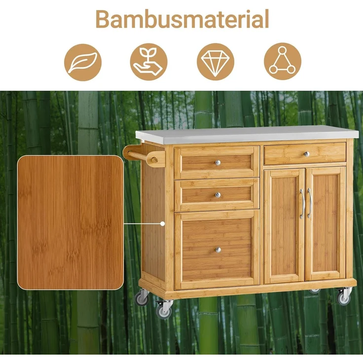 Küchenwagen aus Bambus mit Edelstahlarbeitsplatte Natur FKW70-N – Bild 2