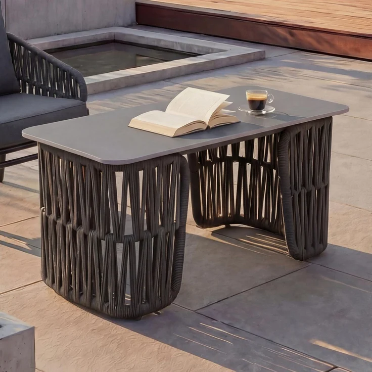 Loungetisch HWC-P90, Gartentisch Balkontisch Outdoor, Seilgeflecht Rope Sinterstein 43x90x45cm ~ anthrazit, Platte grau – Bild 1