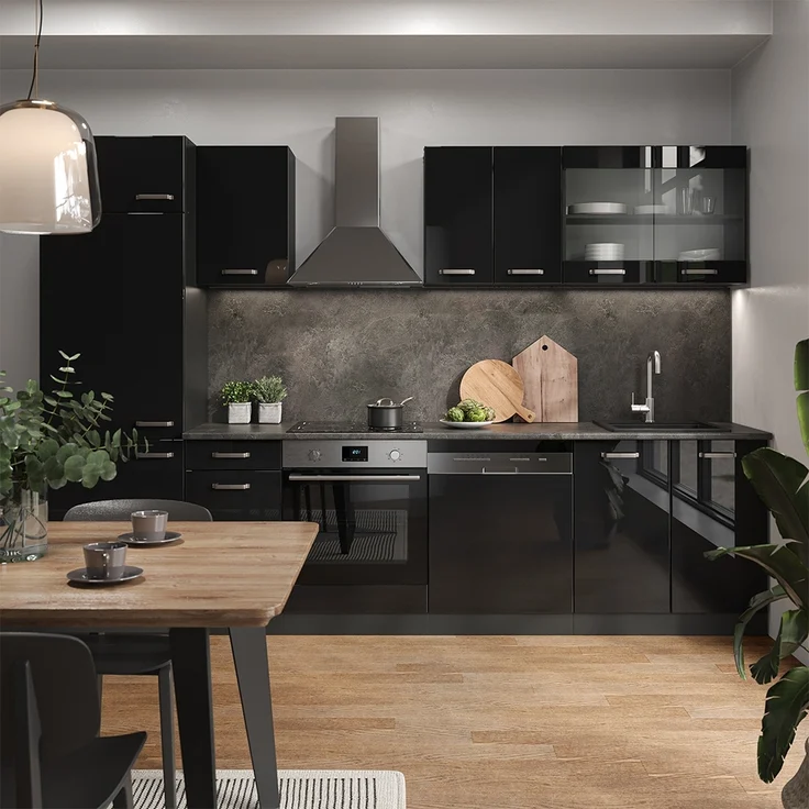 Küchenzeile R-Line Schwarz Hochglanz/Anthrazit 300 cm ohne Arbeitsplatte Vicco – Bild 4