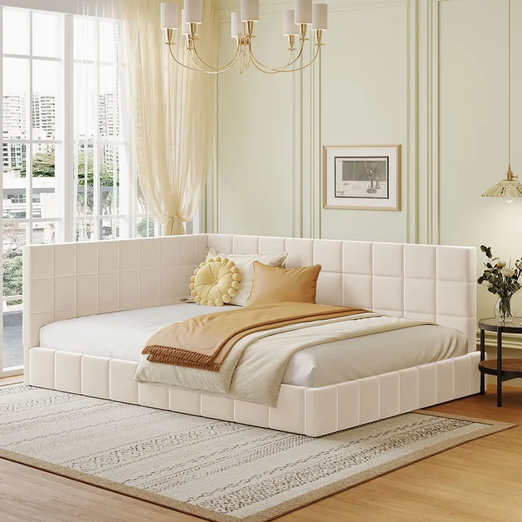 Polsterbett Schlafsofa, Multifunktionsbett mit Lattenrost, hautsympathischem Samtstoff, Beige, 140 x 200