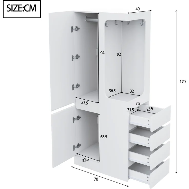 CHICFURN Kleiderschrank, Weiß, 70x170x40 cm, mit 4 Schubladen und offenem Kleiderbereich – Bild 10