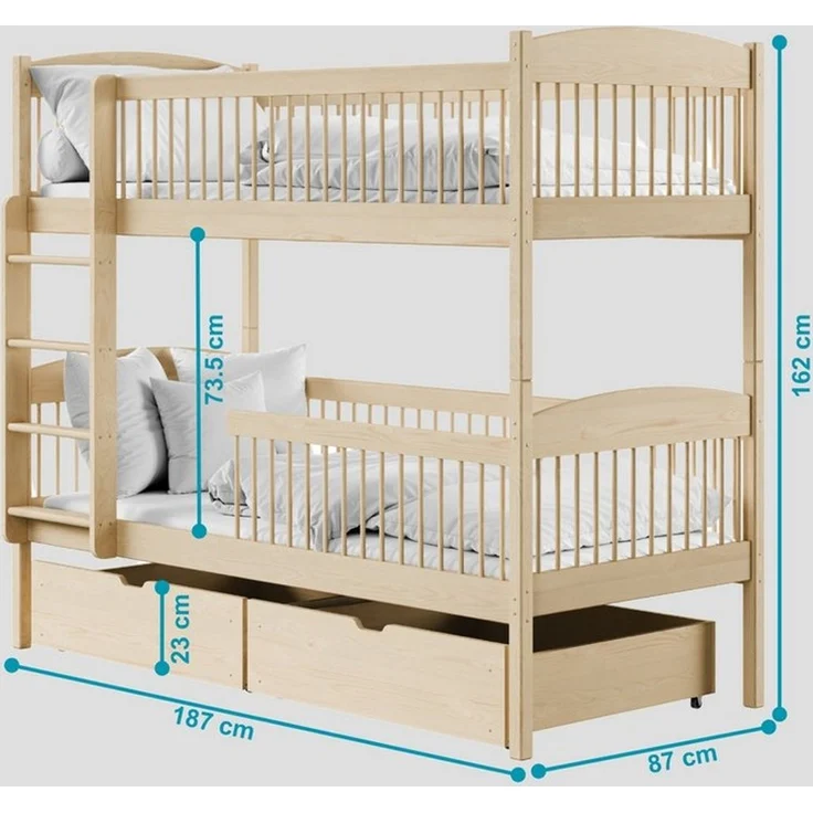 Kids Collective Kinderbett Hochbett Etagenbett 80x180, 90x190, 90x200 cm, mit 2 Schubladen, 80x180 cm von 3. bis 12. Lebensjahr, Natur – Bild 1