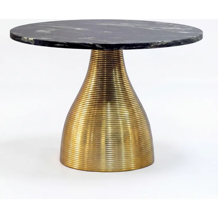 Couchtisch Metall mit schwarzer Marmor Tischplatte 60cm Rund - Moderner Wohnzimmertisch Aluminium Gold - Design Sofatisch Alu - Loungetisch Rillenoptik - Edler Beistelltisch Handmade