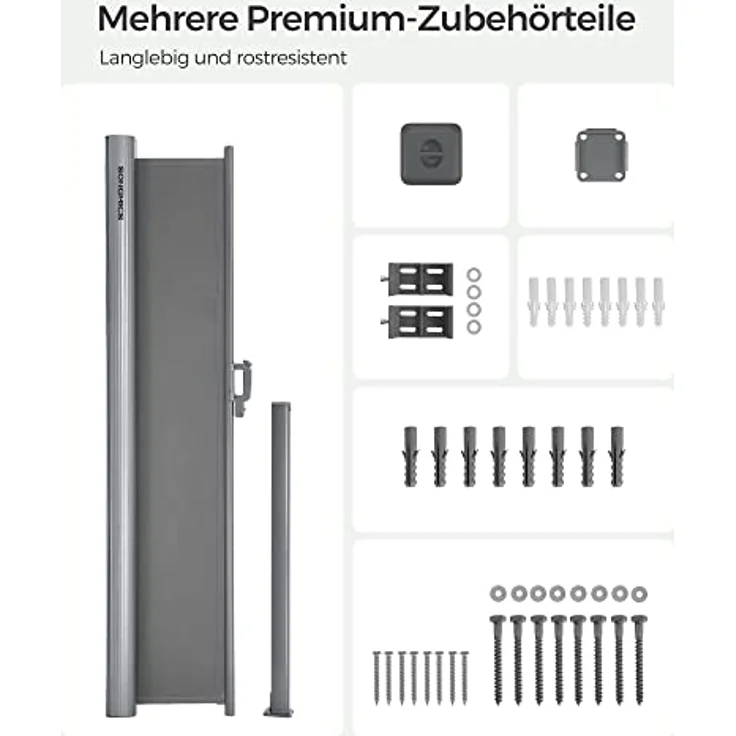 SONGMICS Alu-Seitenmarkise, ausziehbar, 180x400 cm, Blickdicht, Sonnenschutz, blickdicht, Seitenrollo, für Balkon, Terrasse, Garten, grau GSA184G03 – Bild 9