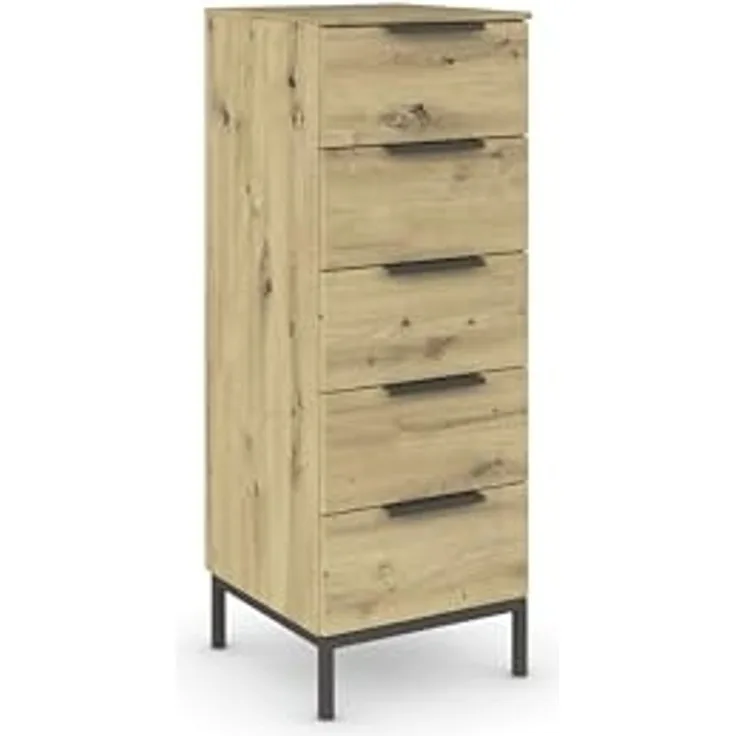 Rauch Möbel Flipp, schmale Hochkommode mit viel Stauraum für Flur, Wohnzimmer, Schlafzimmer, mit Metallkufe graphit, Eiche Artisan, 5 Schubkästen, Griffe graphit, 40 x 111 x 42 cm