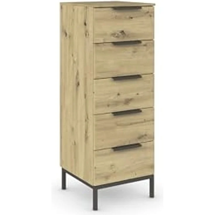 Rauch Möbel Flipp, schmale Hochkommode mit viel Stauraum für Flur, Wohnzimmer, Schlafzimmer, mit Metallkufe graphit, Eiche Artisan, 5 Schubkästen, Griffe graphit, 40 x 111 x 42 cm – Bild 1