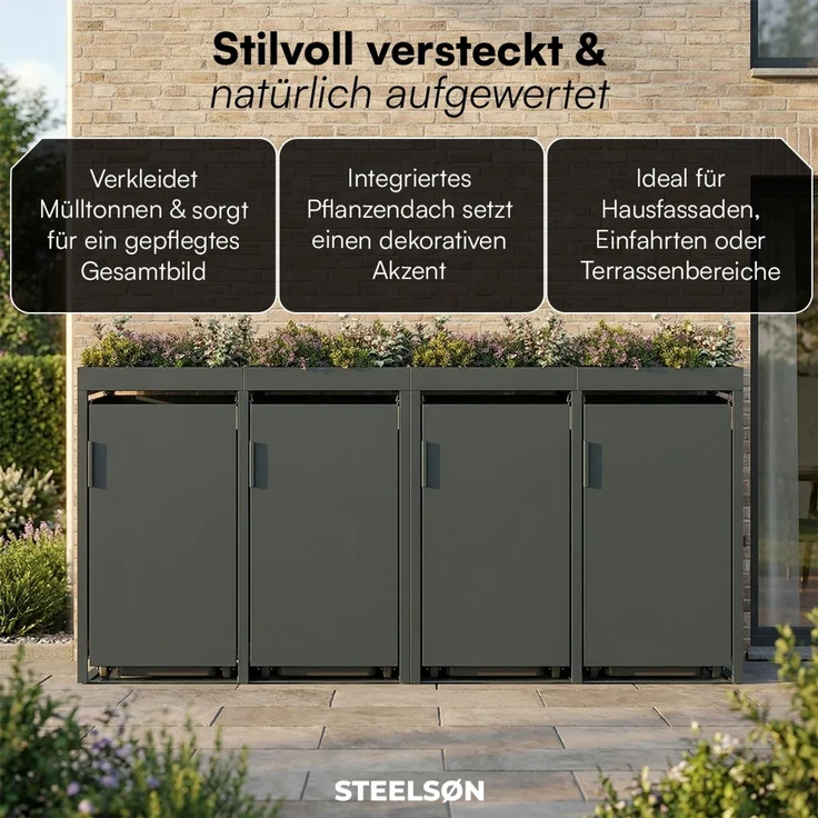 STEELSØN 'Thoria' Mülltonnenbox 4er je 120 Liter, anthrazit, Mülltonnenverkleidung aus Stahl, wetterfest, 111x62x234 cm, Müllbox mit Pflanzendach für 4 Tonnen – Bild 7