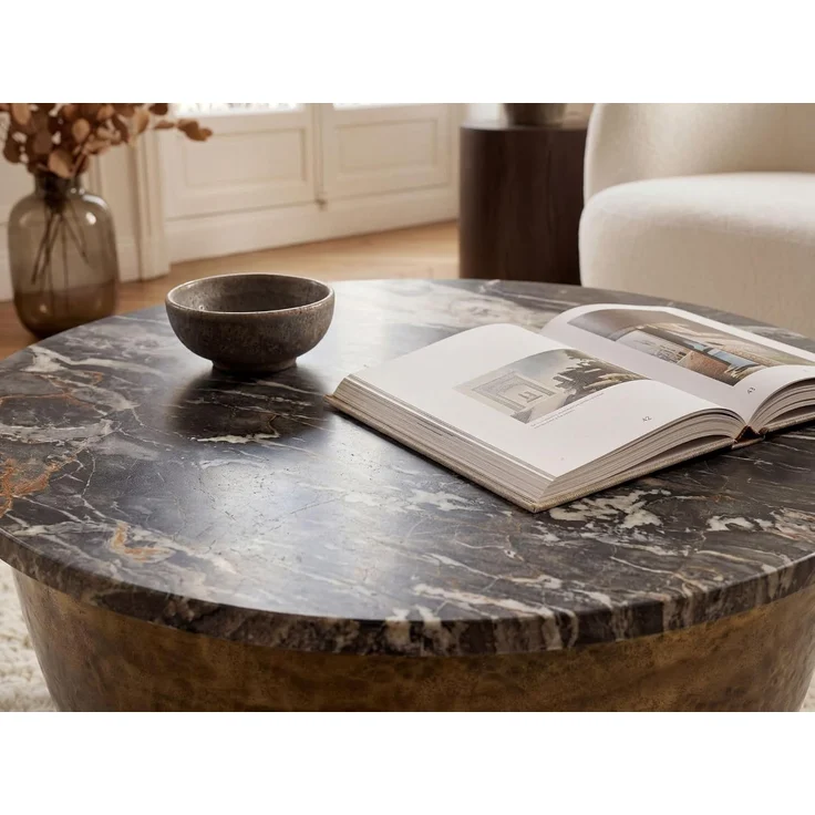Couchtisch Metall mit schwarzer Marmor Tischplatte 60cm rund - Design Wohnzimmertisch Runder Loungetisch - Massiver Sofatisch - Extravaganter Beistelltisch Handmade – Bild 5