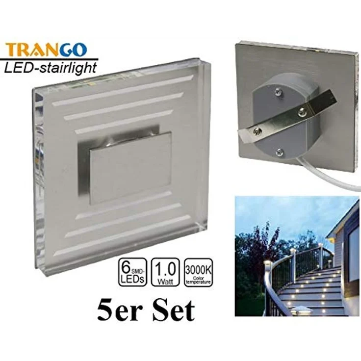 TRANGO LED Einbauleuchte, 5er Set SL-053 LED Design Wandleuchte *SOFIE* Transparent Eckig - Wand- & Treppenleuchte IP44 für Innen und Außen inkl. 1x je 1 Watt LED Modul - warmweiß 3000K beliebig erweiterbar – direkt 230 Volt, Treppenbeleuchtung, Stufen... – Bild 7