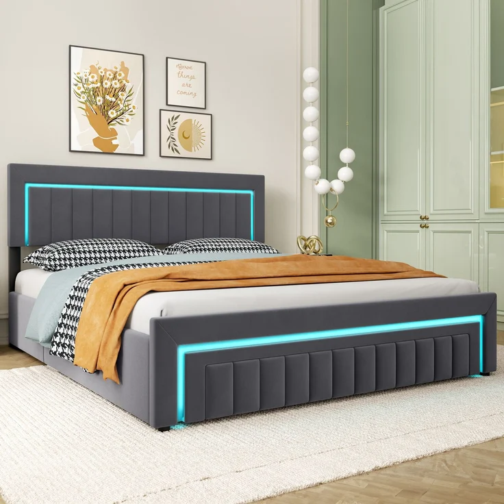 Polsterbett 180x200 cm mit LED-Beleuchtung, Samtbezug und Schubladen, Dunkelgrau – Ohne Matratze – Bild 9