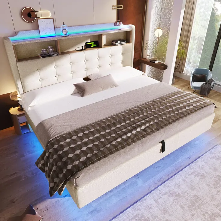 Polsterbett mit LED-Streifen, Type-C, USB und Stauraum, in schwebender Optik, gepolsterter Kopfteil, 180x200 cm, Doppelbett, Stauraumbett, Leinen – Bild 3
