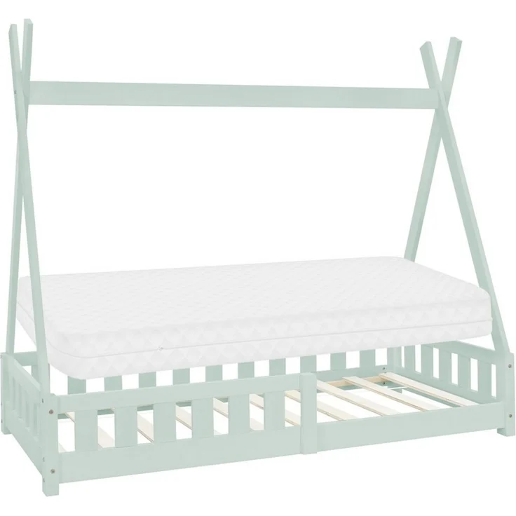 ML-DESIGN Spielbett Hausbett Tipi Zeltbett inkl. Lattenrost Bodenbett Kinder Himmelbett, Abenteuerbett mit Rausfallschutz Zelt Bett Kiefer Mint Kinderhaus