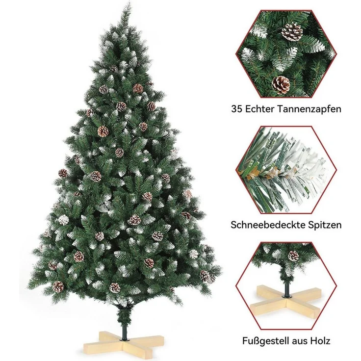 oyajia Künstlicher Weihnachtsbaum Künstlicher Weihnachtsbaum aus PVC,mit Schnee-Effekt, Holzständer, Christbaum Künstlich, Schwer entflammbarer Tannenbaum Künstlich, 1400 Zweige, 35 Zapfen – Bild 5
