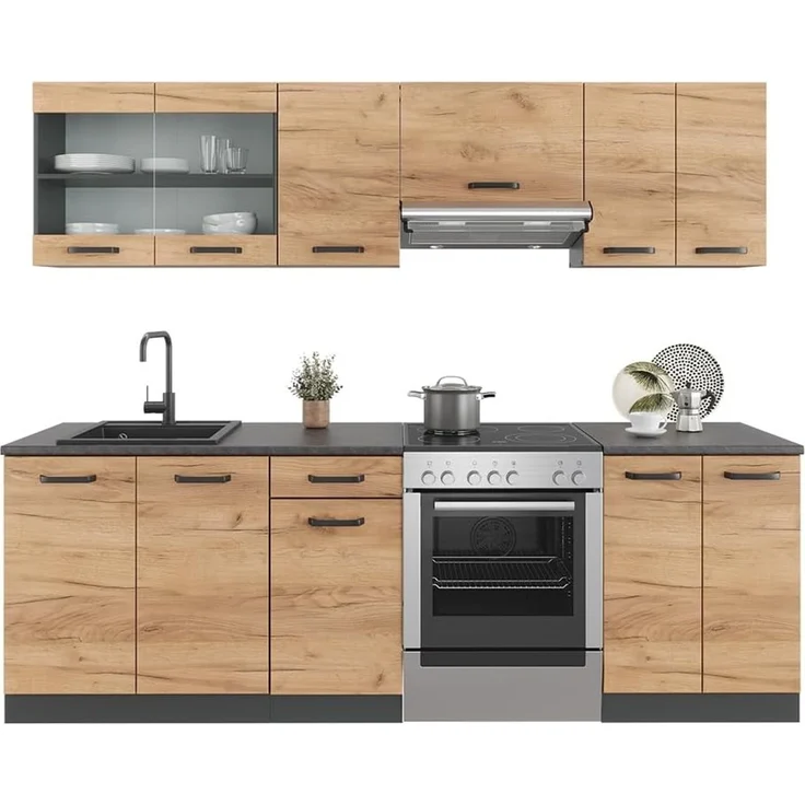 Küchenzeile R-Line Goldkraft Eiche/Anthrazit 240 cm, AP Schwarz gemustert mit LED-Leisten Vicco – Bild 9