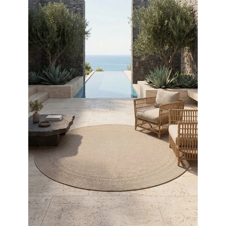 KADIMA DESIGN Teppich Outdoor Teppich VENTOUX Bordüre Flachgewebe Balkon Küche Rund, Rund, Höhe: 5 mm, Beige, 80x80 cm, Outdoor Balkonteppich Terrasse Pflegeleicht Robust