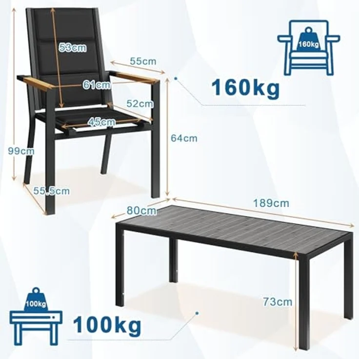 JUMMICO Gartenmöbel Set Terrassen Set Aluminium Gestell mit Holzoptik PS Tischplatte Komfortabler Hochlehner Einfach Montiert,6 Personen Set – Bild 2